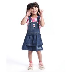 Babyhug Disney Single Jersey Knit Layered Frock with Half Sleeves T-Shirt Winnie The Pooh Print - Blue White & Pink