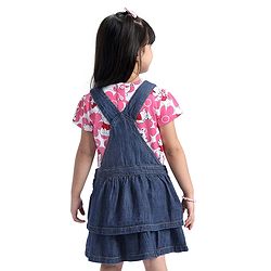 Babyhug Disney Single Jersey Knit Layered Frock with Half Sleeves T-Shirt Winnie The Pooh Print - Blue White & Pink
