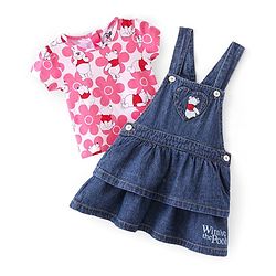 Babyhug Disney Single Jersey Knit Layered Frock with Half Sleeves T-Shirt Winnie The Pooh Print - Blue White & Pink