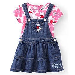 Babyhug Disney Single Jersey Knit Layered Frock with Half Sleeves T-Shirt Winnie The Pooh Print - Blue White & Pink