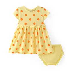 Babyhug Cotton Knit Half Sleeves Frock & Bloomer With Polka Dots Print - Yellow