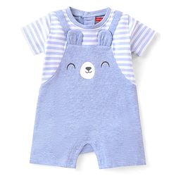 Babyhug 100% Cotton Knit Interlock Half Sleeves Romper With Teddy Print - Blue