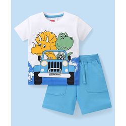Babyhug Cotton Knit Half Sleeves Dino Printed T-Shirt & Solid Colour Short Set - White & Blue
