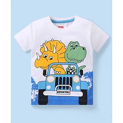 Babyhug Cotton Knit Half Sleeves Dino Printed T-Shirt & Solid Colour Short Set - White & Blue