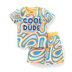 Babyhug Cotton Knit Half Sleeves Text & Marble Printed T-Shirt & Shorts Set - Multicolour