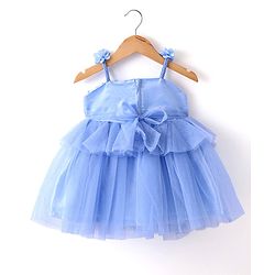 Babyhug Woven Sleeveless Shimmered Ruffled Party Frock with Floral Applique -  Blue
