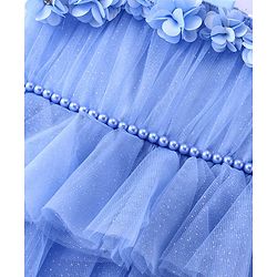 Babyhug Woven Sleeveless Shimmered Ruffled Party Frock with Floral Applique -  Blue