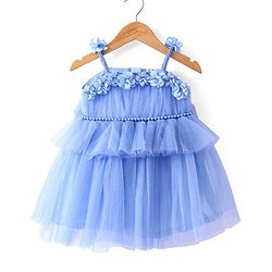 Babyhug Woven Sleeveless Shimmered Ruffled Party Frock with Floral Applique -  Blue