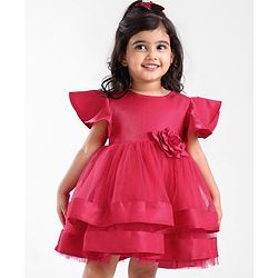 Babyhug Woven Half Sleeves Fit and Flare Party Frock With Floral Corsage- Dark Pink