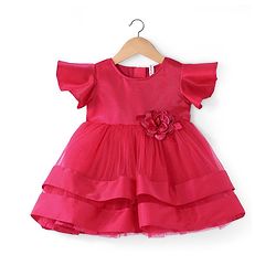 Babyhug Woven Half Sleeves Fit and Flare Party Frock With Floral Corsage- Dark Pink
