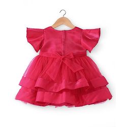 Babyhug Woven Half Sleeves Fit and Flare Party Frock With Floral Corsage- Dark Pink