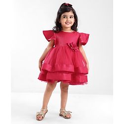 Babyhug Woven Half Sleeves Fit and Flare Party Frock With Floral Corsage- Dark Pink