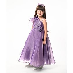 Babyhug Woven One Shoulder Sleeves Fit and Flare Party Gown With Floral Applique- Violet