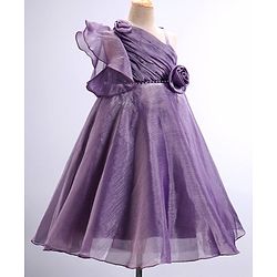 Babyhug Woven One Shoulder Sleeves Fit and Flare Party Gown With Floral Applique- Violet