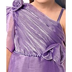 Babyhug Woven One Shoulder Sleeves Fit and Flare Party Gown With Floral Applique- Violet