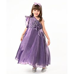 Babyhug Woven One Shoulder Sleeves Fit and Flare Party Gown With Floral Applique- Violet