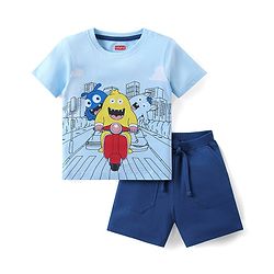 Babyhug Single Jersey Knit Half Sleeves T-Shirt & Shorts Set with Monster Print - Blue