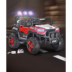 Babyhug RANGER 4X4 Battery Operated Ride On Jeep with Music & LED Lights - Red| Forward & Reverse Drive| Wide Comfortable Seat| Rechargeable Battery| Remote Control| Pre-loaded Music with USB & AUX| Easy to Assemble| Wide Comfortable Seat| Easy to Op