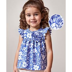 Babyhug Cotton Woven Half Sleeves  Top with Frills Detailing Floral Print - Blue