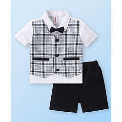 Babyhug Half Sleeves Checks Attached Waist Coat Shirt & Shorts Set with Bow  - White & Black