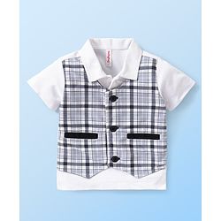 Babyhug Half Sleeves Checks Attached Waist Coat Shirt & Shorts Set with Bow  - White & Black