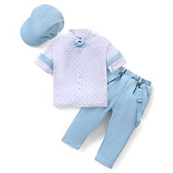 Babyhug Knit Full Sleeves Printed Party Shirt & Trousers with Cap Bow & Suspender - Light Blue