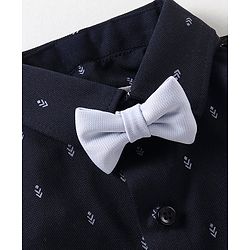 Babyhug Knit Full Sleeves Printed Party Shirt & Trousers with Cap Bow & Suspender - Navy Blue & Grey