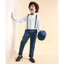 Babyhug Full Sleeves Shirt & Trousers Set With Cap Bow & Suspenders Floral Print - White & Blue
