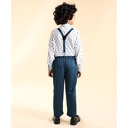 Babyhug Full Sleeves Shirt & Trousers Set With Cap Bow & Suspenders Floral Print - White & Blue