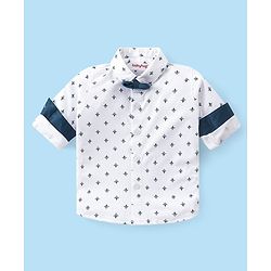 Babyhug Full Sleeves Shirt & Trousers Set With Cap Bow & Suspenders Floral Print - White & Blue