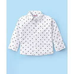Babyhug Full Sleeves Shirt & Trousers Set With Cap Bow & Suspenders Floral Print - White & Blue
