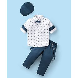 Babyhug Full Sleeves Shirt & Trousers Set With Cap Bow & Suspenders Floral Print - White & Blue