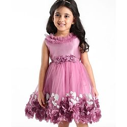 Babyhug Sleeveless Floral & & Pearl Embellishment Fit & Flared Party Frock - Mauve