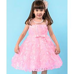 Babyhug Sleeveless Party Frock with Floral Embroidery & Bow Detailing - Pink