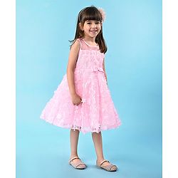 Babyhug Sleeveless Party Frock with Floral Embroidery & Bow Detailing - Pink