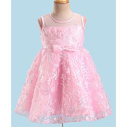 Babyhug Sleeveless Party Frock with Floral Embroidery & Bow Detailing - Pink
