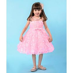 Babyhug Sleeveless Party Frock with Floral Embroidery & Bow Detailing - Pink