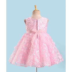 Babyhug Sleeveless Party Frock with Floral Embroidery & Bow Detailing - Pink