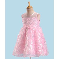 Babyhug Sleeveless Party Frock with Floral Embroidery & Bow Detailing - Pink