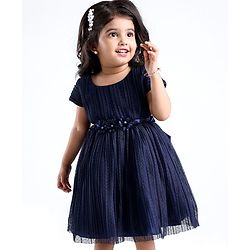 Babyhug Cap Sleeves  Fit & Flare   Party Frock with Floral Applique - Navy Blue