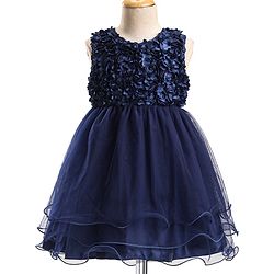 Babyhug Sleeveless Fit & Flare Textured Yoke Party Frock with Floral Applique - Blue