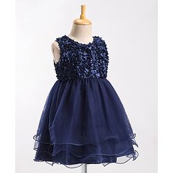 Babyhug Sleeveless Fit & Flare Textured Yoke Party Frock with Floral Applique - Blue