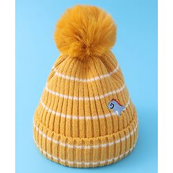 Babyhug Woollen Cap with Dino Embroidery Pom Pom Detailing - Yellow