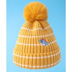 Babyhug Woollen Cap with Dino Embroidery Pom Pom Detailing - Yellow