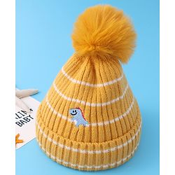 Babyhug Woollen Cap with Dino Embroidery Pom Pom Detailing - Yellow