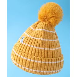 Babyhug Woollen Cap with Dino Embroidery Pom Pom Detailing - Yellow