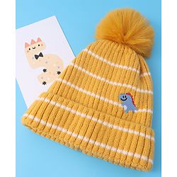 Babyhug Woollen Cap with Dino Embroidery Pom Pom Detailing - Yellow