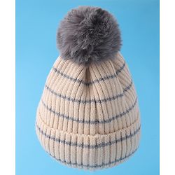 Babyhug Woollen Cap with Dino Embroidery Pom Pom Detailing - Beige
