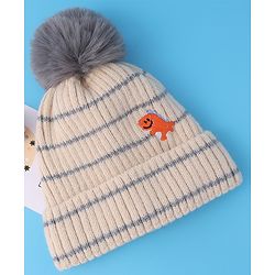 Babyhug Woollen Cap with Dino Embroidery Pom Pom Detailing - Beige