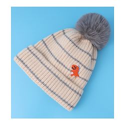 Babyhug Woollen Cap with Dino Embroidery Pom Pom Detailing - Beige